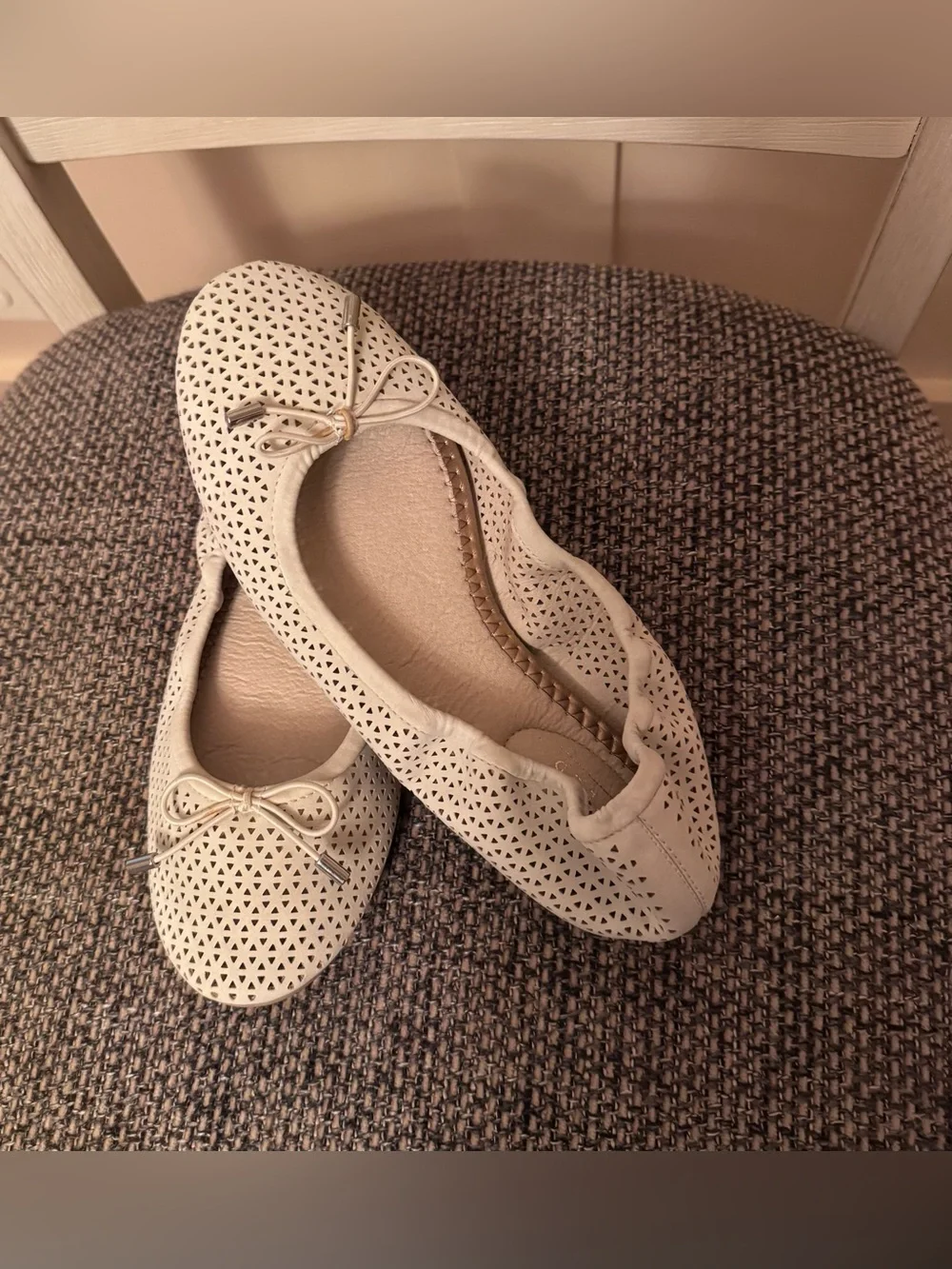 Simply Styled Cream Perforated Ballet Flats with Bow